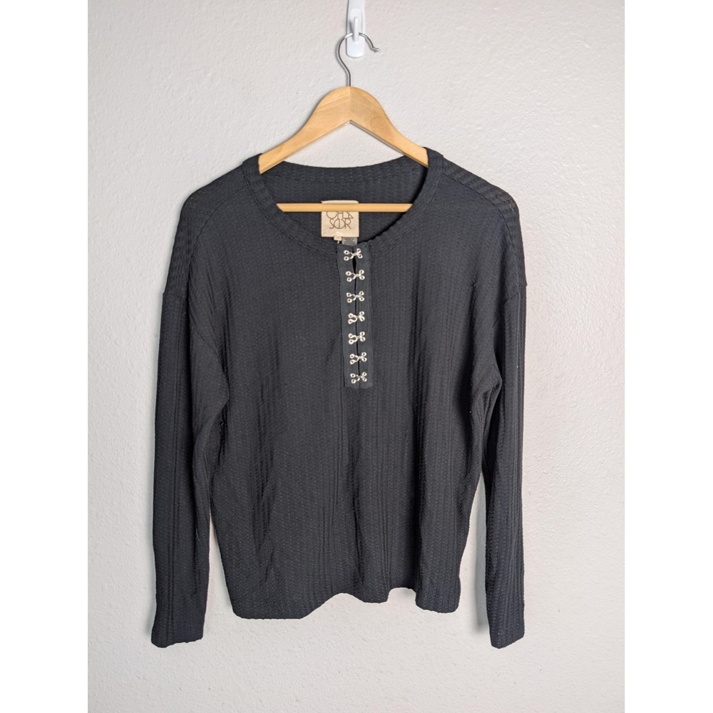 CHASOR Sweater Henley Womens XS Black‎ Waffle-Knit Raglan Sleeve Collarless